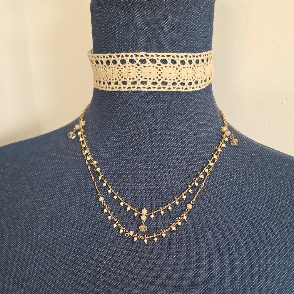 Double Choker Necklace Set Crochet and Double Strand Chain - Picture 3 of 11
